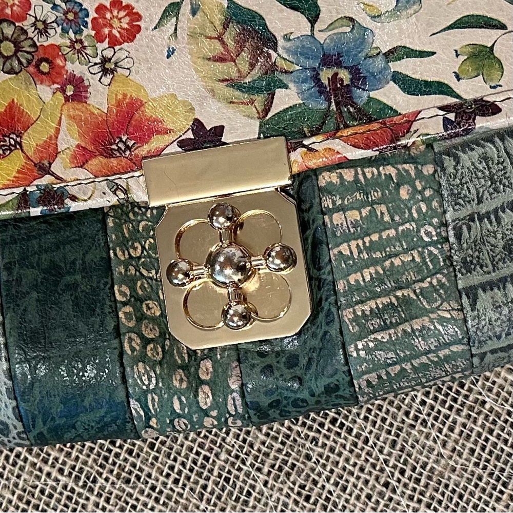 Floral & Green Leather Crossbody Bag Purse Satchel Art to Wear Boho Lagenlook - Picture 4 of 14
